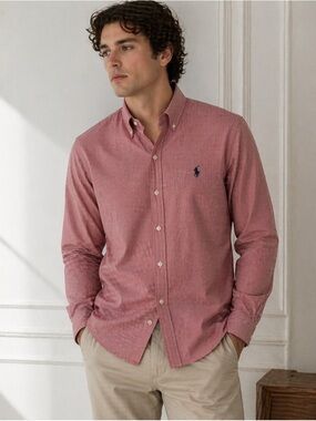 Ralph Lauren Men's Button-Down Shirt in Dusty Red with Navy Logo size 16 - 34/35
